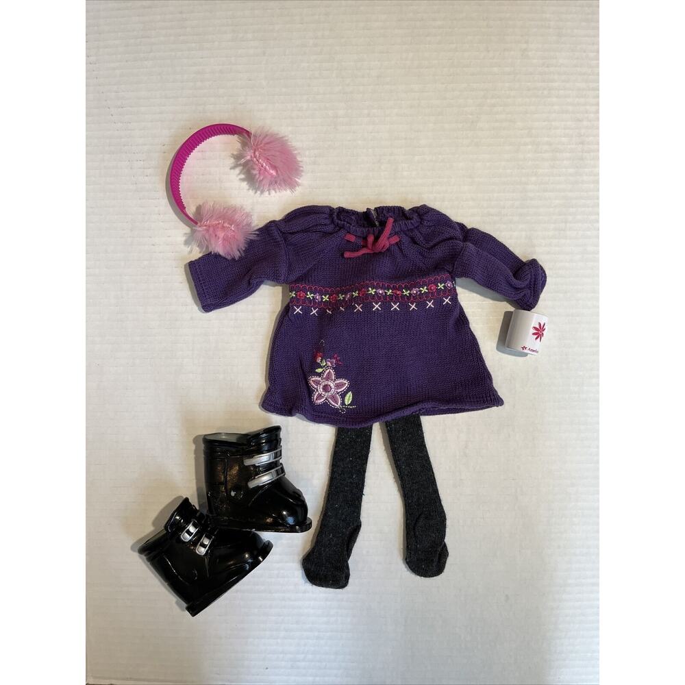 American Girl Purple Sweater Outfit For A Cold Day W/ Boots, Earmuffs Coffee Mug